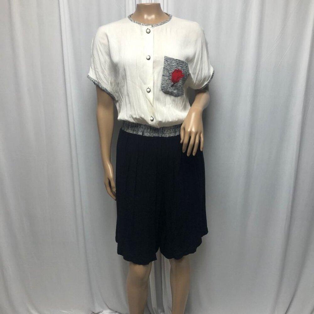 Russ Petites Black White Shorts Romper Womens 14 Button Front USA Vintage Retro